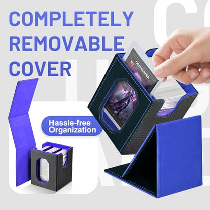 Trading Card Storage Box with Commander Display for MTG, TCG, Sports Cards, 5-in-1 Card Deck Box, Holds 450+ Double-Sleeved Cards, 4 Individual Deck Cases with Covers, Dice Tray & Magnetic Holders - color: Black & Blue