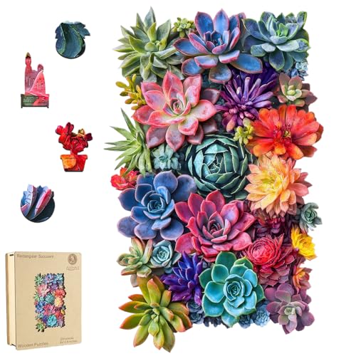 Delobil Rectangular Succulent Wooden Puzzles, 200 Pieces Jigsaw Puzzles 12.6'' x8'', Unique Design Wooden Puzzles for Adults and Kids, Family Game Gift - color: Rectangular Succulent, size: 200Pcs