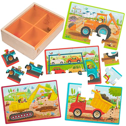 B. toys Wooden Puzzle Set, Pack o' Puzzles Trucks, 4 x 12 Pieces, Wood Toys | 4 truck-themed wooden with storage box, color-coded backs, easy-hold pieces, 48 puzzle pieces, Trucks, Wood Toys, 3+ Years - style: Trucks