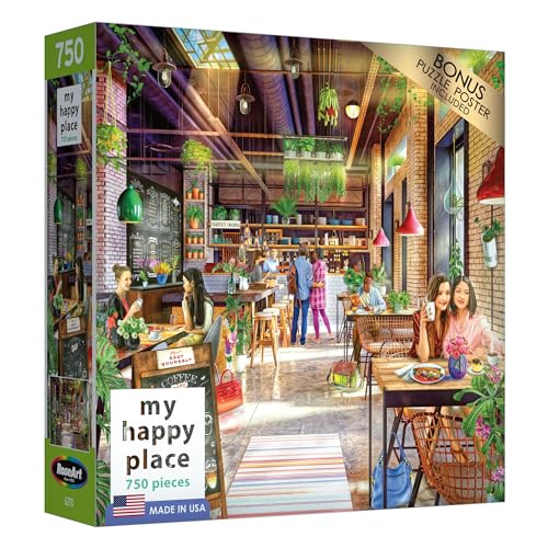 RoseArt - My Happy Place - Neighborhood Cafe 750 Piece Jigsaw Puzzle - Vibrant Coffee Shop Art - Made in USA - style: Neighborhood Cafe