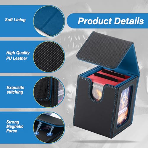 MTG Deck Box, Double Display Window MTG, Commander Deck Box Fits 120+ Single Sleeved Cards, PU Leather Magnetic Closure Card Box with 2 Dividers&2 Toploaders for TCG, CCG, Black/Blue - color: Black/Blue, size: 1 pack