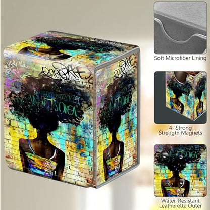 Card Deck Box, Card Storage Box Fits 100+ Single Sleeved Cards, Large Capacity PU Leather Card Storage Box with Strong Magnet for Magic Commander TCG CCG, African Women - color: African Women