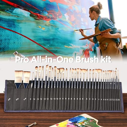Nicpro 36pcs Paint Brush Set for Acrylic Painting, Oil, Watercolor, Gouache | 9 Shapes No Shedding Synthetic Bristles with Palette Knife and Canvas Roll, Professional Painting Supplies for Artists - color: Blue