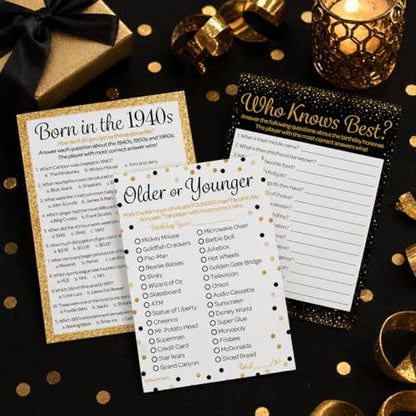 Black and Gold 80th Birthday Games Set, Born in the 1940s, 20 Guests | 5" x 7" Dual-Sided Cards, Who Knows Best, Older or Younger, and 1940s Trivia Games, Answer Keys Included - color: Black Gold