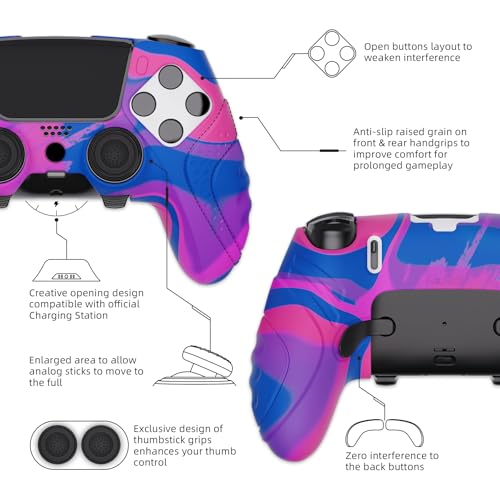PlayVital Guardian Edition Anti-Slip Ergonomic Silicone Cover Case for ps5 Edge Controller, Soft Rubber Protector Skin for ps5 Edge Wireless Controller with Thumb Grip Caps - Pink & Purple & Blue - color: Pink & Purple & Blue