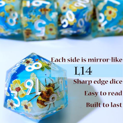 XENOLUX Resin DND Dice Set, Polyhedral RPG Dice for Dungeons and Dragons Board Games - Blue Sky White Clouds Bee & Flower Theme - Sharp Edge Handmade Solid Nature Dice (L14) - color: L14