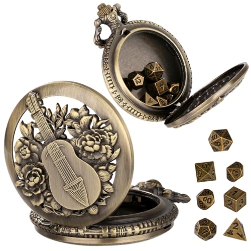 Mini DND Dice Set Steampunk Hollow Bard Pocket Watch Shell Case, 7pcs Tiny Polyhedral Metal D&D Dice Set, DND Gifts with Gift Box, Role Playing Board Games Accessories, Bronze - color: Bard