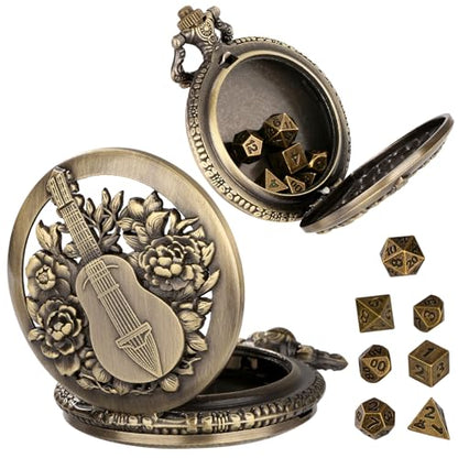 Mini DND Dice Set Steampunk Hollow Bard Pocket Watch Shell Case, 7pcs Tiny Polyhedral Metal D&D Dice Set, DND Gifts with Gift Box, Role Playing Board Games Accessories, Bronze - color: Bard