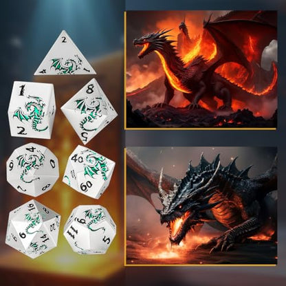 Metal Dice Set, Flat Face White Green Dragon Pattern, 7pcs Polyhedral Metal DND Dice Set, DND Starter Set, D&D Gifts with Gift Box, Role Playing Board Games Accessories, White - color: White+green