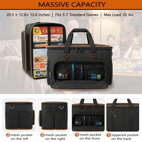 Board Game Bag with Multi-Pockets – Convertible Tote & Shoulder Carry, Includes 5 Elastic Box Bands, 20.5 x 12.6 x 12.6 Inches, for Game Night, Travel & Storage for Gamers (Black) - color: Black