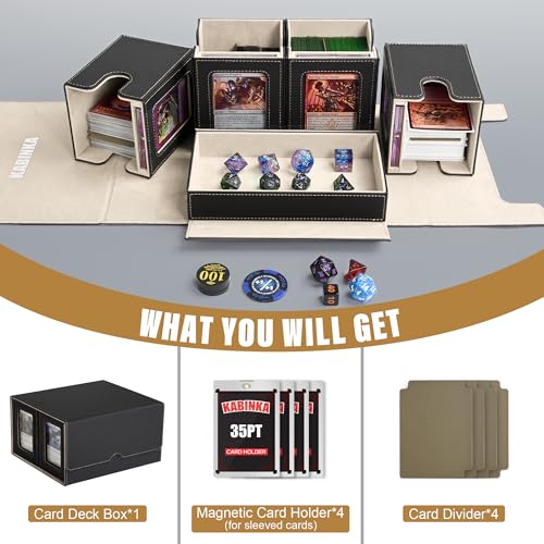 Kabinka Card Deck Box for MTG Commander, Holds 400+ Double-Sleeved Cards, 5 IN 1 Detachable Card Case with Dice Tray, Fits Magic/TCG Cards, 4 Magnetic Card Holders & Dividers (Black Gold) - color: Black Gold