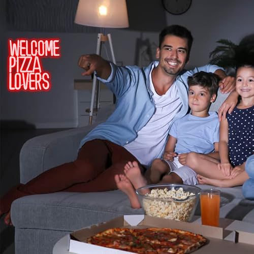 Welcome Pizza Lovers Neon Light, Red Dimmable LED Personalized Pizza Lovers Neon Sign, Family Restaurant Entertainment Room Food Theme Party Wall Neon Sign Decor Holiday Gift For Pizza Lovers, Children, Family (12.9*12.5in) - style: Pizza Lovers Red