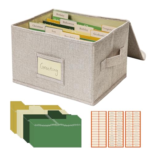Vienrose Greeting Card Organizer Box Beige 1 Pack | Storage Box With 20 Removable Dividers 84 Self-stick Labels, Photos Envelopes Scrapbooking Paper Stickers Holder - color: Beige, size: 1 Pack