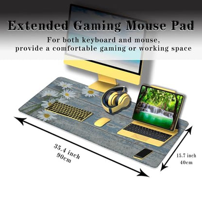 Computer Desk Mat Mouse Pad, Big Non-Slip Rubber Base Mousepad for PC, Work, Game, Office, Home - 35.4 X 15.7 Inch - Daisy Flowers on Old Wooden - color: Old Wooden