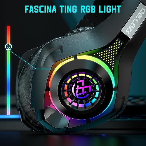 Tatybo Gaming Headset for PS4 PS5 Xbox One PC, Over-Ear Gaming Headphones with Surround Sound, Noise Canceling Mic, RGB Light