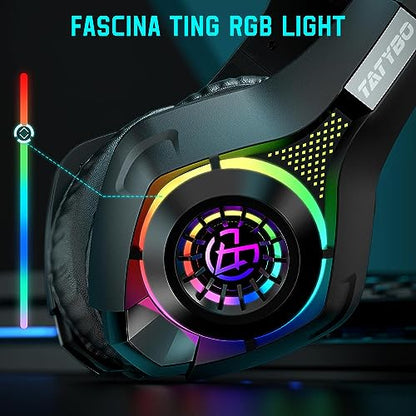 Tatybo Gaming Headset for PS4 PS5 Xbox One PC, Over-Ear Gaming Headphones with Surround Sound, Noise Canceling Mic, RGB Light