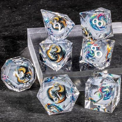 OUKELANWO Liquid Core Dragons Stickers DND Dice Set D&D, 7Pcs Dungeons D and D Role Playing Dice with Gift Box, Resin Sharp Edge Dice D20 D12 D10 D8 D6 D4, White - color: White