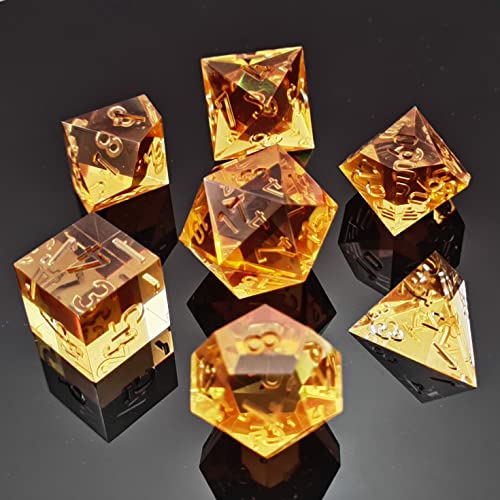 Bescon Crystal Clear (Unpainted) Sharp Edge DND Dice Set of 7, Razor Edged Polyhedral D&D Dice Set for Dungeons and Dragons Role Playing Games, Amber Color - color: Amber