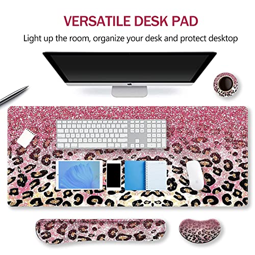 ARTSO Extended Gaming Mouse Pad Set, Keyboard Wrist Rest Support Pad + Wrist Cushion + XXL Large Mouse Pad + Coaster, Stitched Edge, Non-Slip, Memory Foam Desk Mat, Pink Leopard Print - color: Pink Leopard Print