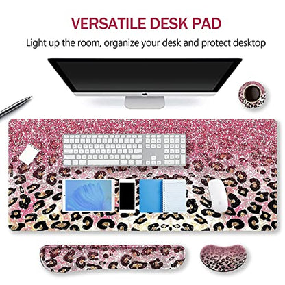 ARTSO Extended Gaming Mouse Pad Set, Keyboard Wrist Rest Support Pad + Wrist Cushion + XXL Large Mouse Pad + Coaster, Stitched Edge, Non-Slip, Memory Foam Desk Mat, Pink Leopard Print - color: Pink Leopard Print