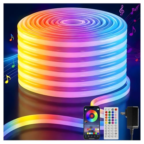 16.4FT RGB LED Strip Lights DC12V Color Changing LED Rope Lights | Neon Light Strip with Remote & App Control, IP65 Waterproof Music Sync LED Light Strip for Gaming Room, Kitchen, Party Decor - size: 16.4FT-With Adapter