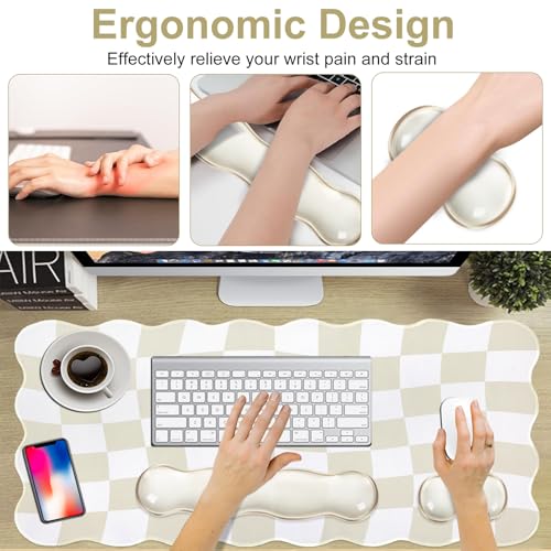 L-SPOUTTO Beige Checkered Mouse Pad Set,Scalloped XXL Desk Mat + Ergonomic Mouse Wrist Rest + Gel Keyboard Wrist Rest for Keyboard 65%/75%,3in1 Large Desk Pad for Desktop Home Office Computer Game - color: Beige Checkered