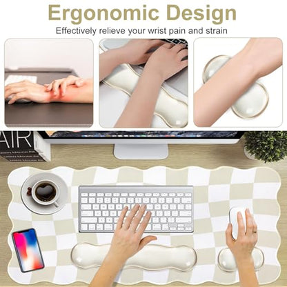 L-SPOUTTO Beige Checkered Mouse Pad Set,Scalloped XXL Desk Mat + Ergonomic Mouse Wrist Rest + Gel Keyboard Wrist Rest for Keyboard 65%/75%,3in1 Large Desk Pad for Desktop Home Office Computer Game - color: Beige Checkered