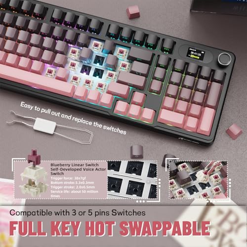 MAMBASNAKE Attack Shark X98 Pro Wireless Mechanical Keyboard with Screen & Knob, 2.4G/USB-C/BT5.0 Gasket Hot Swappable Creamy Keyboard102 Keys, Web Driver RGB Gaming Keyboard for PC/Mac/PS4/Xbox - color: Pink