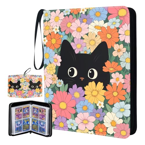 Girl Card Binder 4 Pocket, 4 Pocket Card Binder Cat, Collectible Trading Card Album Cats, Zippered Collection Gifts for Girls Boys Organized - color: Flowers Black Cat, size: 400 Pockets