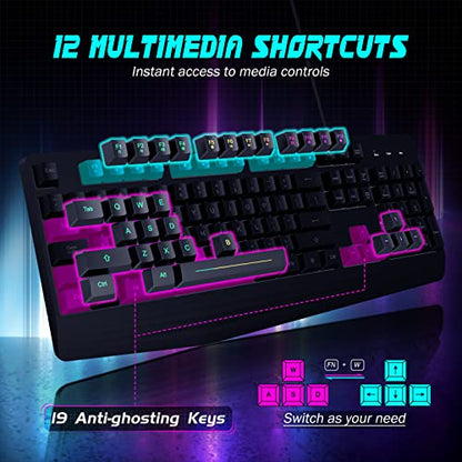 yesbeaut Gaming Keyboard, 7-Color Rainbow LED Backlit, 104 Keys Quiet Light Up Keyboard, Wrist Rest, Whisper Silent, Anti-ghosting Multimedia Keys, Waterproof USB Wired Keyboard for PC Mac Xbox - color: black