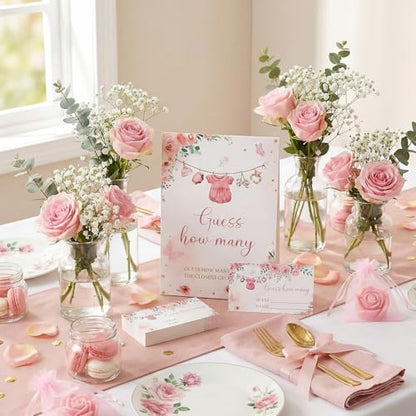 Floral Guess How Many Baby Shower Game Pack of 1 Tabletop Sign with Stand and 50 How Many Cards, Pink Clothes Gender Reveal Party Game Decoration - style: Floral