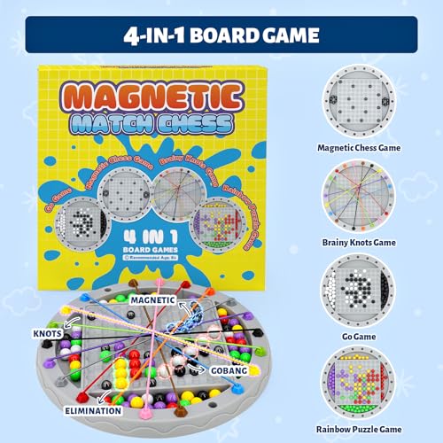 4 in 1 Board Games Set, Classic Strategy Travel Game for Kids, Family Night | Four Ways to Play: Magnetic Chess, Rope Untangling Puzzle Game, Go Game, Rainbow Bead Elimination for Ages 8+, 2-4 Players