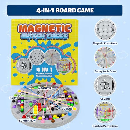 4 in 1 Board Games Set, Classic Strategy Travel Game for Kids, Family Night | Four Ways to Play: Magnetic Chess, Rope Untangling Puzzle Game, Go Game, Rainbow Bead Elimination for Ages 8+, 2-4 Players