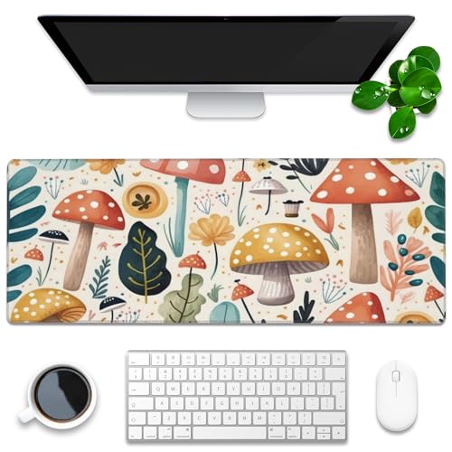 Desk Pad, Hand Drawn Charming Mushroom and Leaves Extended Gaming Mouse Pad Large, 31.5"x11.8" Big Mouse Pad with Non-Slip Base and Stitched Edge, Long Computer Keyboard Mouse Mat for Home Office Work - color: Mushrooms And Leaves, size: 31.5"x11.8"