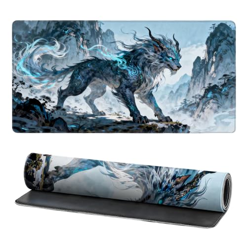 Large Lion Gaming Mouse Pad, Chinese Landscape Desk Mat 31.5X15.7 | HD Print, Non Slip Rubber Base, Waterproof Fabric Top, Stitched Edges, Ideal Gift for Dorm, Home, Office & Back to School - color: Iblue