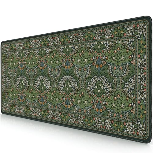 iCasso Aesthetic Floral Desk Mat, L Mouse Pads, Anti-Slip Mousepad with Stitched Edges, Waterproof Computer Pad 11.8"x31.5", Desk Accessories Office Decor for Women(Retro Green) - color: Retro Green, size: 31.5L x 11.8W inches
