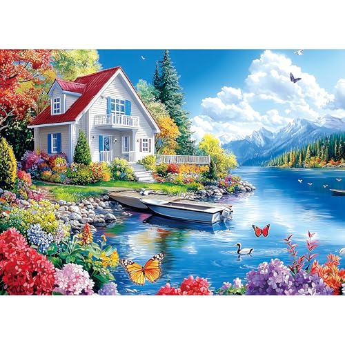 1000 Piece Jigsaw Puzzle for Adults, Lakeside Cottage Mountain House Puzzles for Family, Decoration, Gifts, Party Game, Finished Size 27.5" x 19.7" - color: Color-lakeside Cottage, size: 27.5" X 19.7"