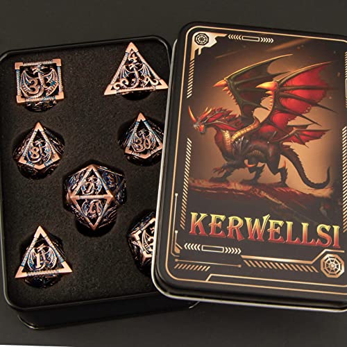 KERWELLSI Hollow DND Dice Set D&D with Gifts Box, 7pcs Polyhedral Metal D and D Dice for Role Playing Game, Dungeon Dragon Dice D20 D12 D10 D8 D6 D4 (Gold Blue) - color: Gold Blue