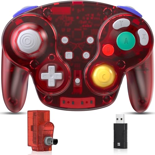 2.4 GHz Wireless GameCube Controller for Switch 1/2, NGC Console, Clear Red | (Built-in Vibration) (Rechargeable) (Analog Triggers / Stick) Compatible with Switch Online, Windows PC, macOS - color: Switch & NGC Receiver Transparent Red