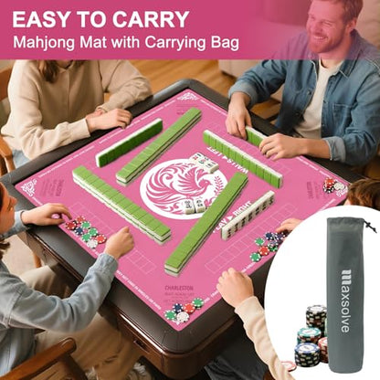 Mahjong Mat with Carrying Bag, Pink Mahjong Table Mat with Rules | Anti Slip & Noise Reduction, Easy to Carry, 31.5" x 31.5" Neoprene Mahjong Mats, Elegant Print & Soft Surface Gaming Mat - color: Pink
