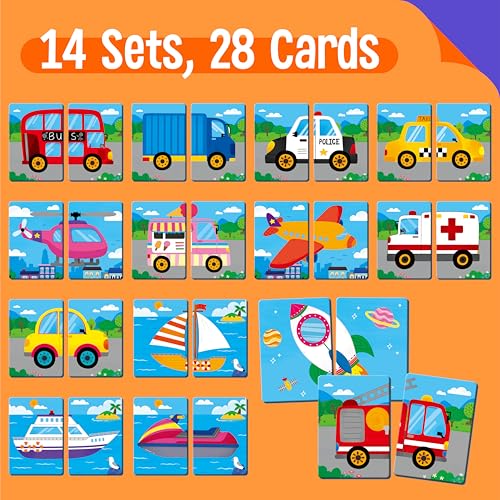 SpriteGru Vehicle Memory Game, 28 Chunky Cards Transportation Theme Head Tail Matching Game 1-5 Players Land/Water/Air Vehicles Memory Matching Game for Preschoolers, Toddlers, Kids - style: Vehicle