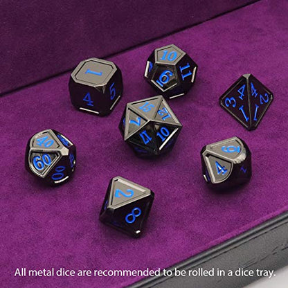 Haxtec Metal DND Dice Set, 7 Pcs Black Polyhedral Dice for Table Games | Blue Numbers D&D with Metal Case, Compatible with Dungeons and Dragons, Heavy Metallic 7 die, RPG Gifts for Board Games - color: Black Blue