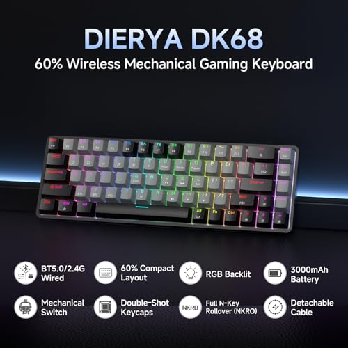 DIERYA DK68 60% Wireless Mechanical Gaming Keyboard, 3-Mode, Bluetooth 5.0/2.4G/USB-C, RGB Backlit, 68-Key Compact Mini for Windows, Mac, Linux - Clicky Blue Switch - Black/Grey - color: Black Grey/Blue Switch
