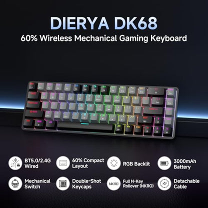 DIERYA DK68 60% Wireless Mechanical Gaming Keyboard, 3-Mode, Bluetooth 5.0/2.4G/USB-C, RGB Backlit, 68-Key Compact Mini for Windows, Mac, Linux - Clicky Blue Switch - Black/Grey - color: Black Grey/Blue Switch