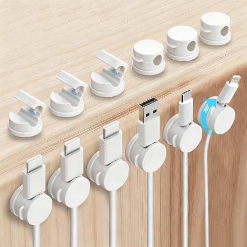 OneLeaf 12 Pack Spring Cable Clips for Phone Charger, One-Hand Cord Holder for Nightstand & Desk, Rotatable Desk Cable Management with Strong Adhesive, White - color: White
