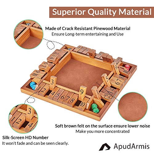 ApudArmis 4-Way Shut The Box, Large Wooden Board Game Set with Dice, 4 Ways Play Shut-The-Box for Teens Learning Addtion Adults Classroom Home Party Pub (12 in)