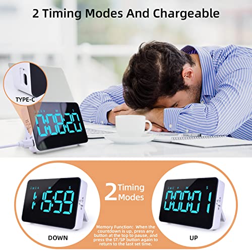 Samshow Rechargeable Digital Kitchen Timer, Ice Blue, 5 Inch | Countdown/Up, 3 Adjustable Brightness, 4 Adjustable Volume , 5" LED Display, Magnetic, For Classroom/Office/Home/Work/Game - color: Blue