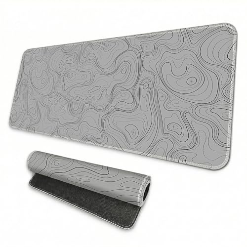 Topographic Gaming Mouse Pad 35.4x15.7 Inch, 0.12 Thickness, Extended Full Desk Mat, Non-Slip Rubber Base, Water Resistant Surface, Black Mousepad for PC Gaming, Office, E-Sports - color: Grey Topographic Map