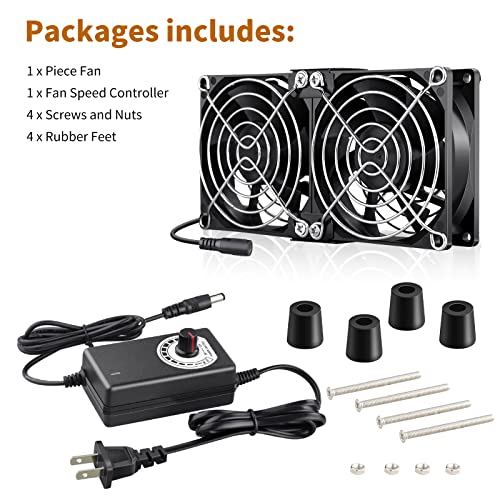 Wathai 80mm x 2 Computer Fan with AC Plug Variable Speed Controller | Dual Ball Big Airflow AC 110V 120V for PlayStation Router Laptop PC Receiver DVR Xbox Modem AV Cabinet Electronics Cooling