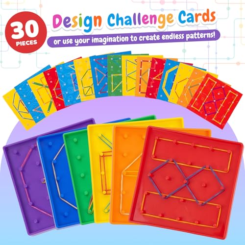 6 Pack Double-Sided Geoboard Math Preschool Classroom Manipulative for Kids | Geo Board Set with Rubber Bands and 15 Pattern Cards for STEM Shapes, Classroom Must Haves, Fine Motor Games for Kids Party